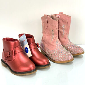 2 Pair Toddler Girls Boots Sz 7 Shoes RED Metallic Combat & PINK Sparkle Western